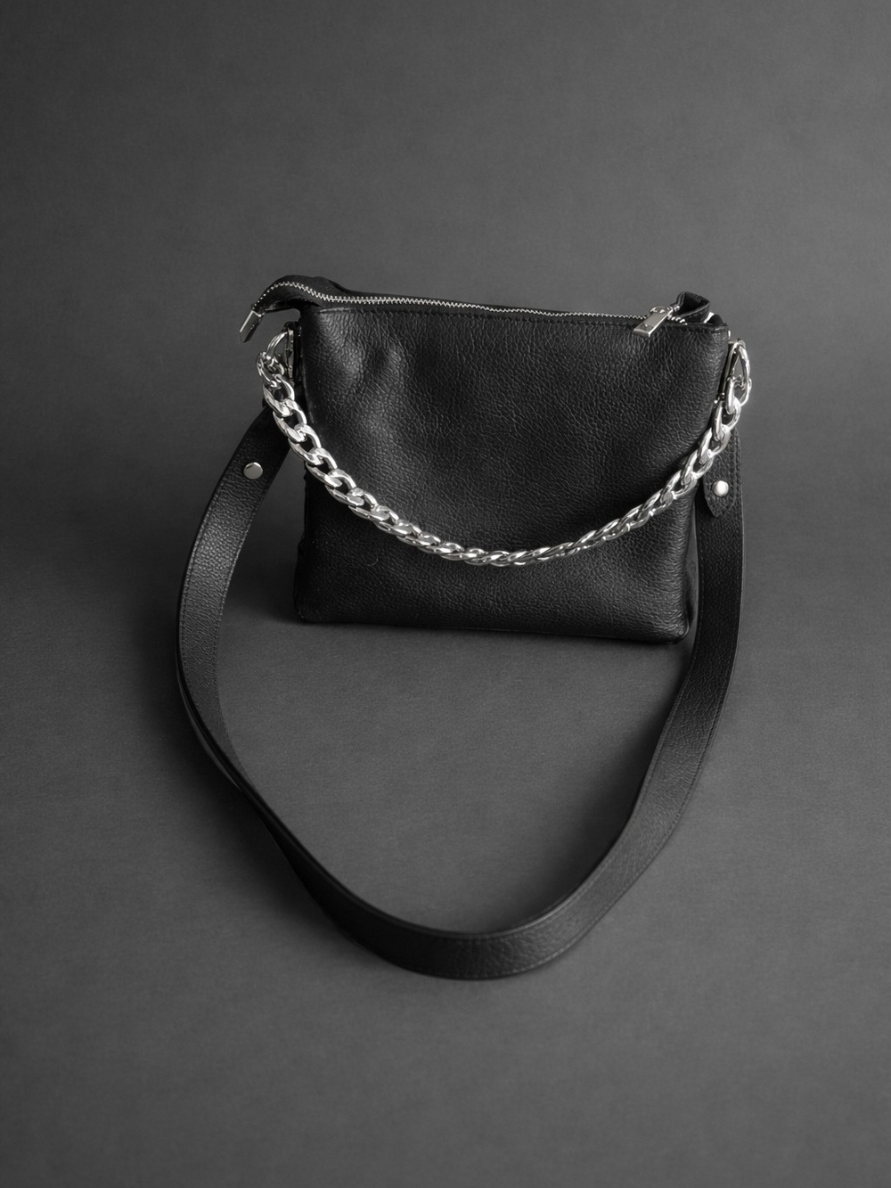 Black Leather Crossbody Bag with Silver Chain